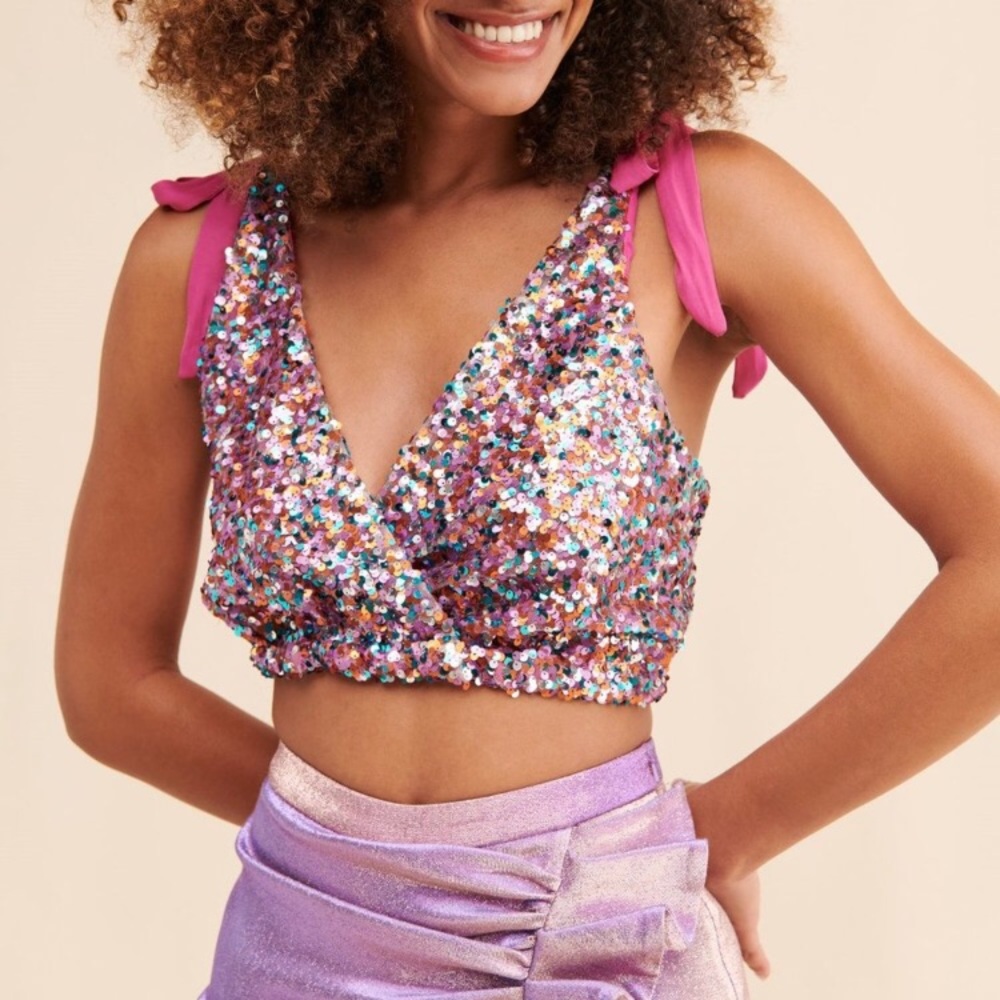 Free People Big Night Sequined Pink Crop Top with satin ties